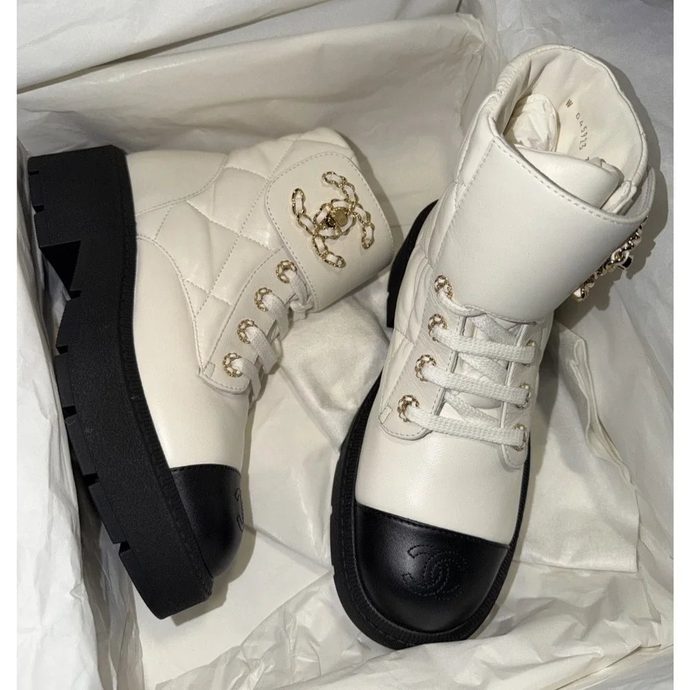 Chanel 24B White Quilt Gold CC Chain Combat Black Platform Ankle Short Boots 37c - Picture 2 of 16